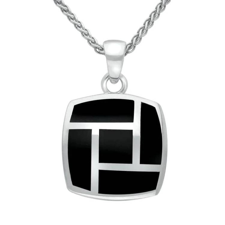 Sterling Silver Whitby Jet Five Stone Tile Cushion Necklace - Silver