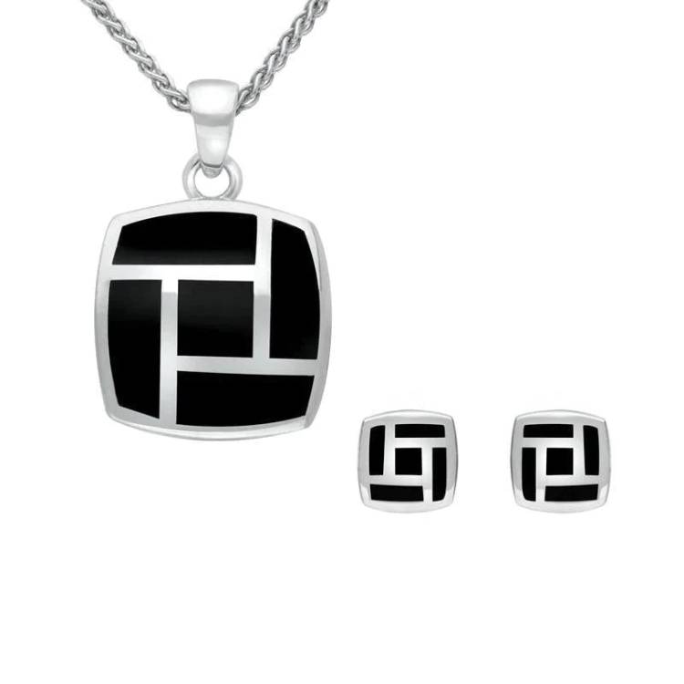 Sterling Silver Whitby Jet Five Stone Tile Two Piece Set