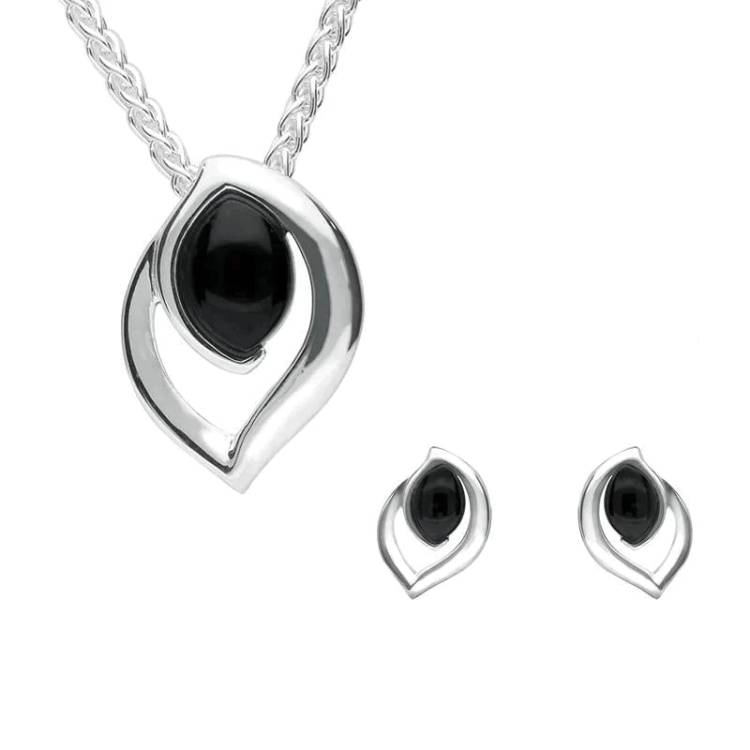Sterling Silver Whitby Jet Flame Shaped Two Piece Set - Silver
