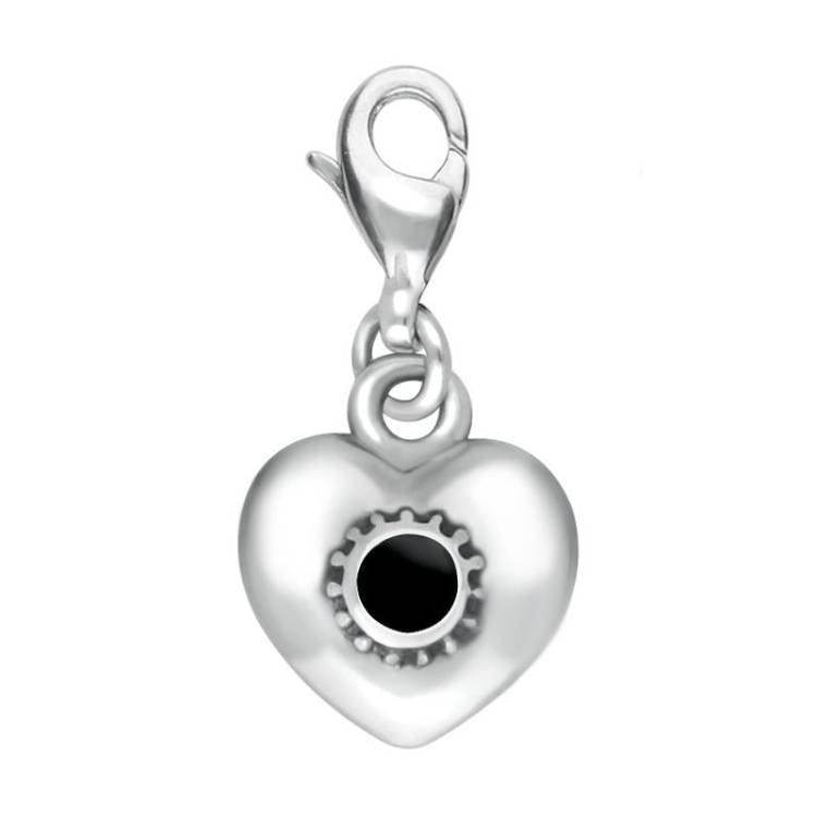 Sterling Silver Whitby Jet Flat Heart Charm - Silver