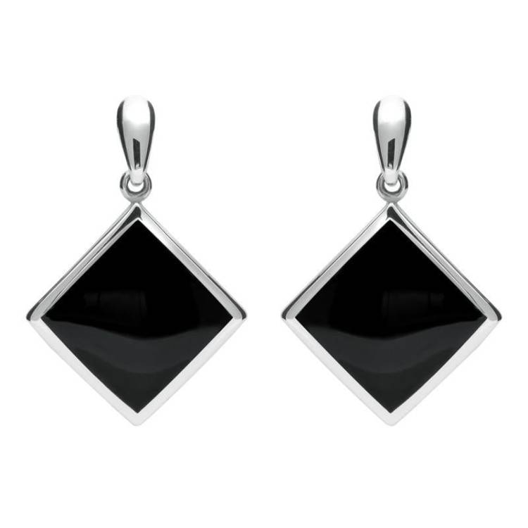 Sterling Silver Whitby Jet Rhombus Drop Earrings - Silver