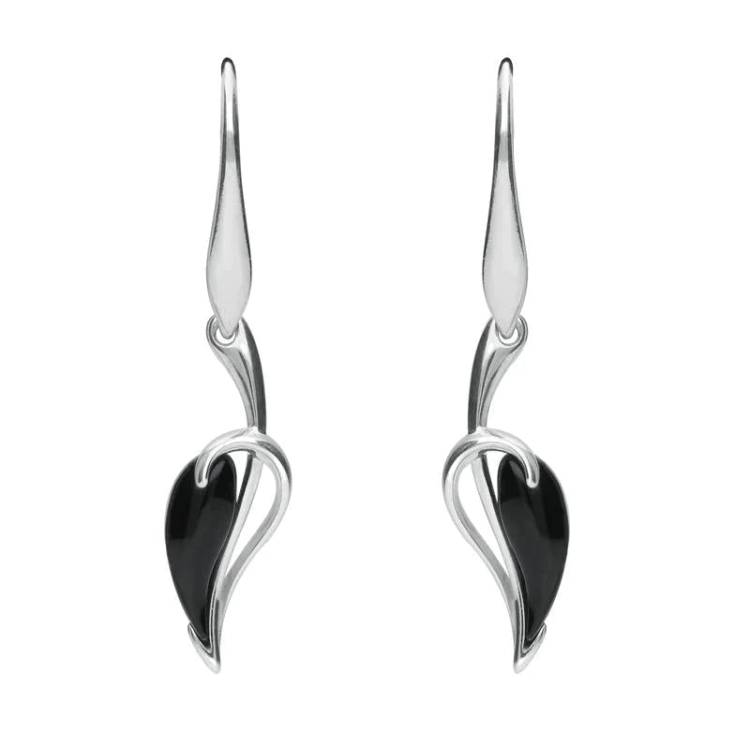 Sterling Silver Whitby Jet Fleur Leaf Drop Earrings - Silver