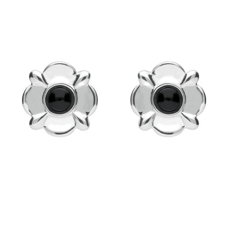 Sterling Silver Whitby Jet Four Petal Flower Stud Earrings - Silver