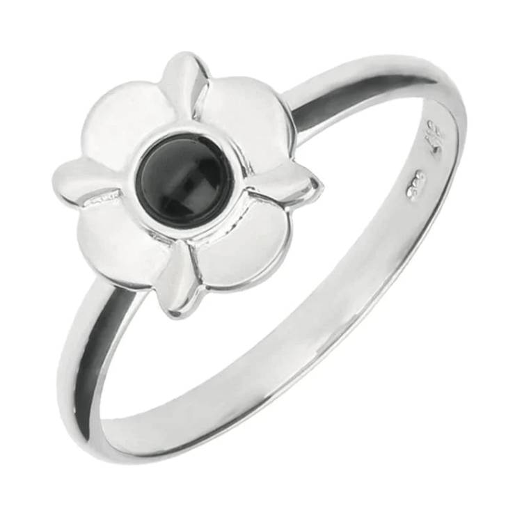 Sterling Silver Whitby Jet Four Petal Round Ring - Silver