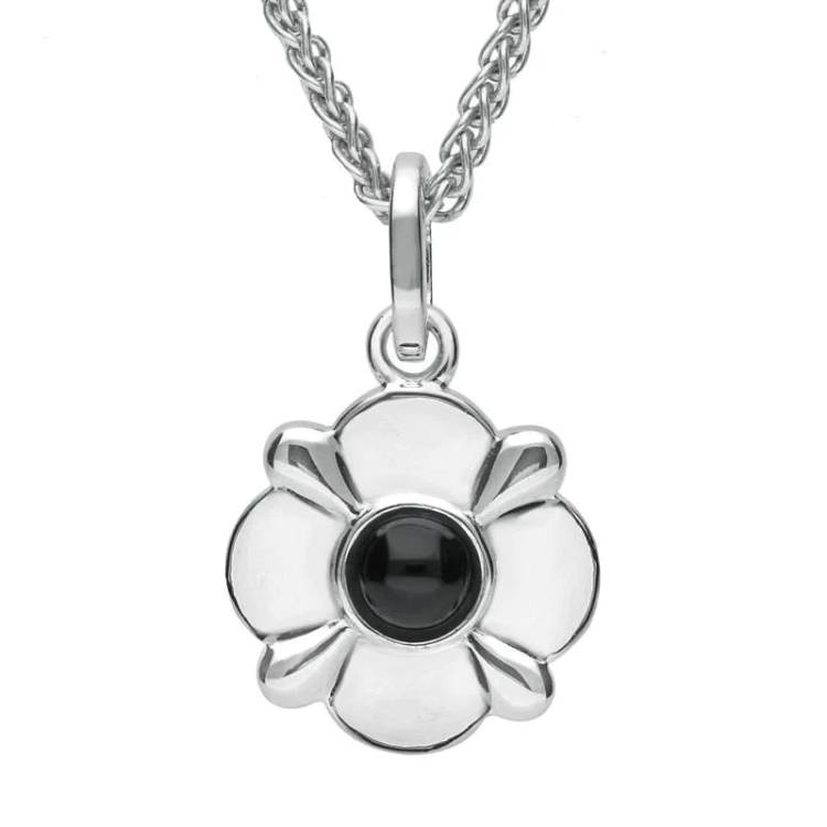 Sterling Silver Whitby Jet Four Petal Flower Necklace - Silver