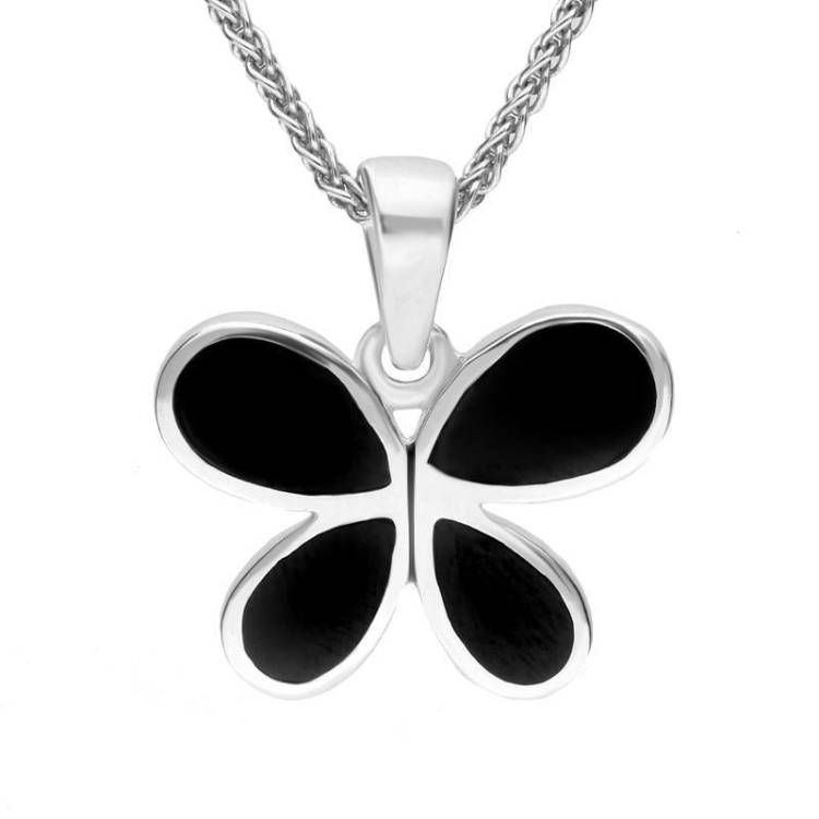 Sterling Silver Whitby Jet Four Stone Butterfly Necklace - Silver