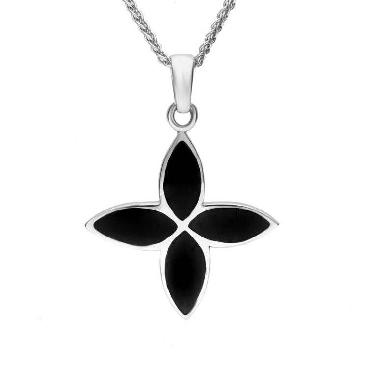 Sterling Silver Whitby Jet Four Stone Cross Necklace D - Silver