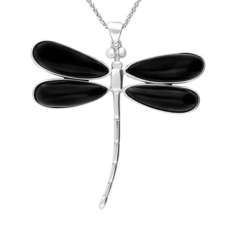 Sterling Silver Whitby Jet Four Stone Large Dragonfly Necklace - Silver