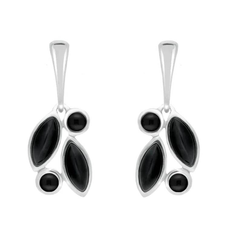 Sterling Silver Whitby Jet Four Stone Leaf Drop Earrings - Silver