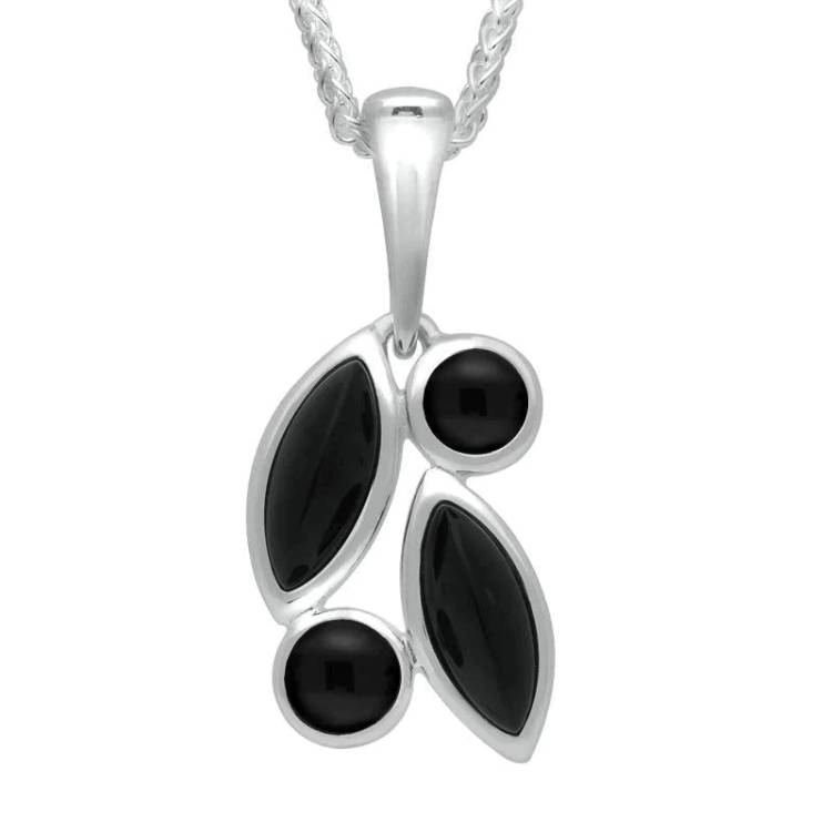 Sterling Silver Whitby Jet Four Stone Leaf Necklace - Silver