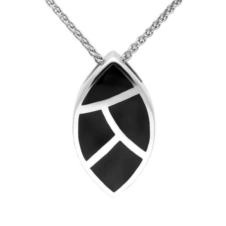 Sterling Silver Whitby Jet Four Stone Leaf Shaped Necklace D - Silver