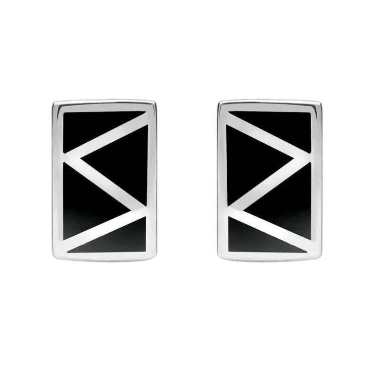 Sterling Silver Whitby Jet Four Stone Zigzag Oblong Stud Earrings - Silver