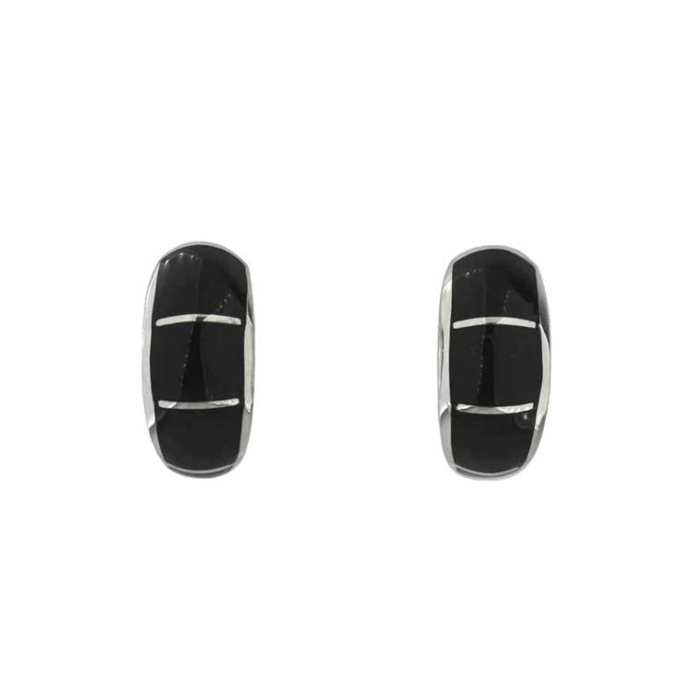 Sterling Silver Whitby Jet Four Stripe Horseshoe Stud Earrings - Silver