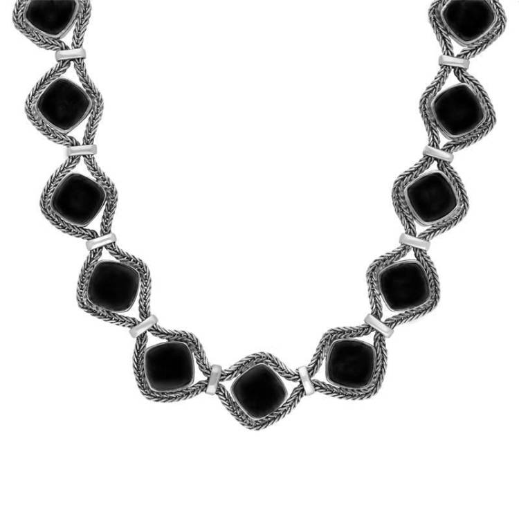 Sterling Silver Whitby Jet Foxtail Fifteen Stone Cushion Necklace - Silver