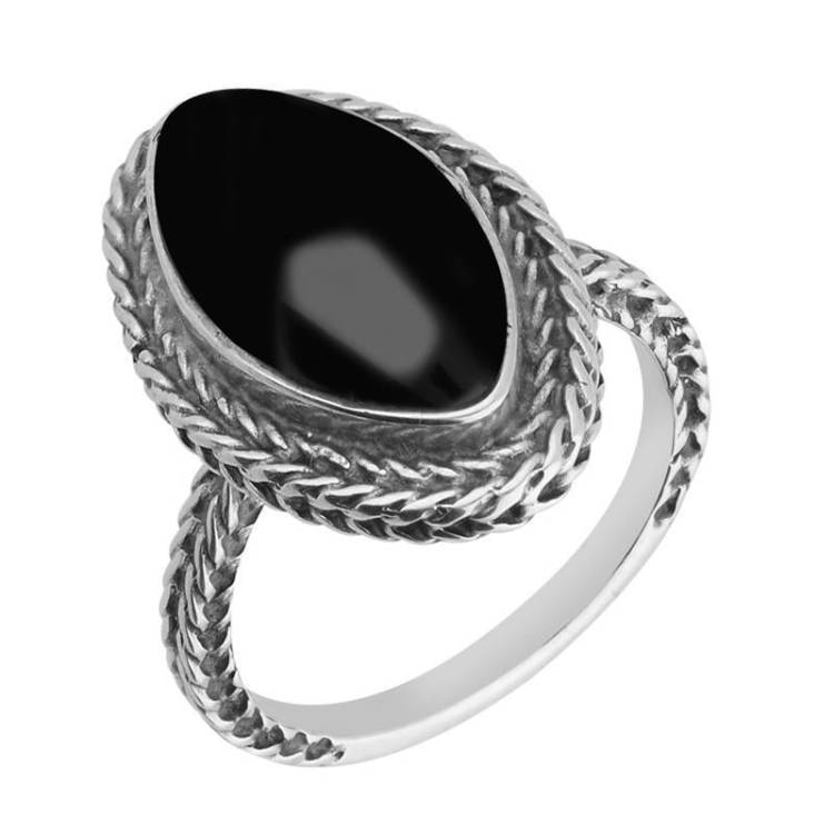 Sterling Silver Whitby Jet Foxtail Marquise Ring - Silver