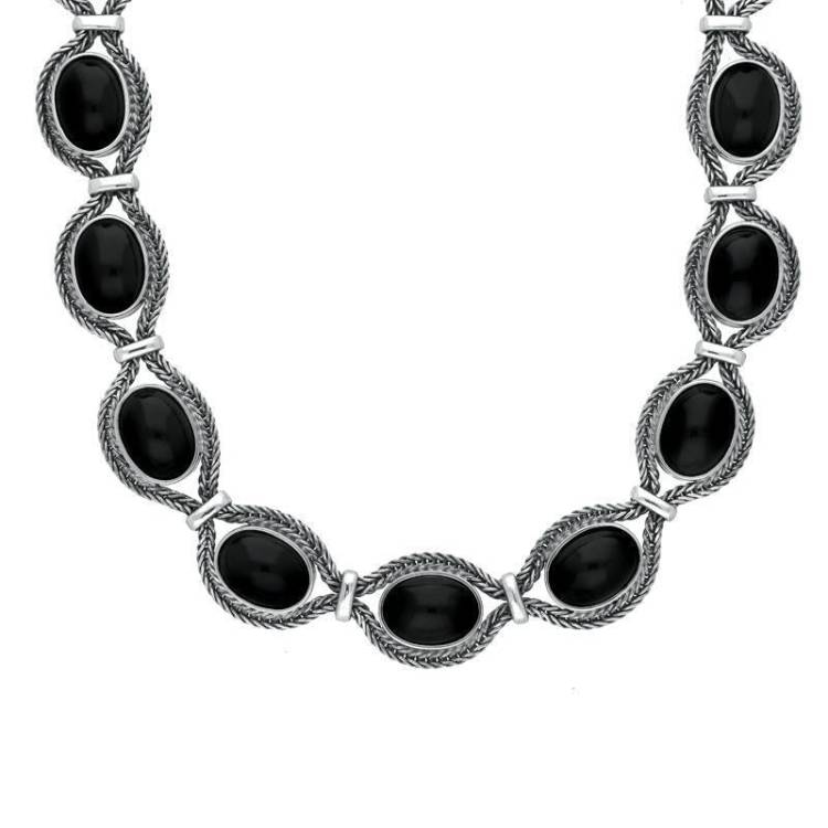 Sterling Silver Whitby Jet Foxtail Oval Fifteen Stone Necklace - Silver
