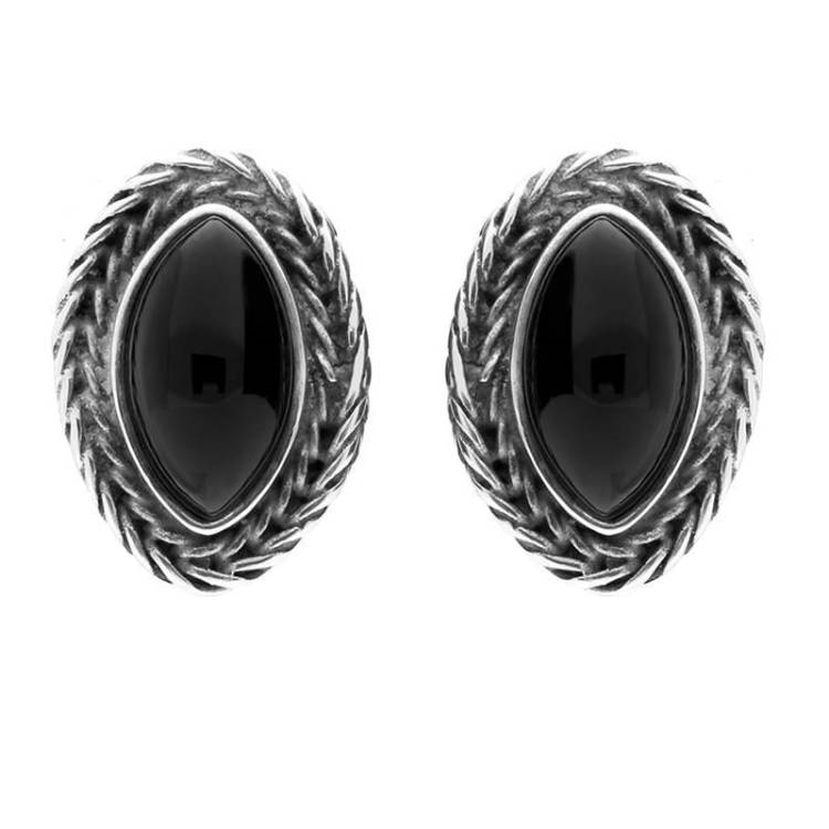 Sterling Silver Whitby Jet Foxtail Small Marquise Stud Earrings - Silver