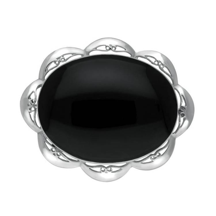 Sterling Silver Whitby Jet Framed Frill Edge Oval Brooch - Silver