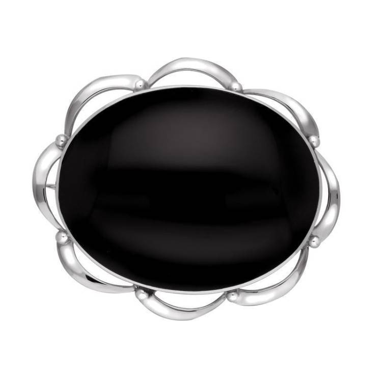 Sterling Silver Whitby Jet Frill Edge Oval Brooch - Silver