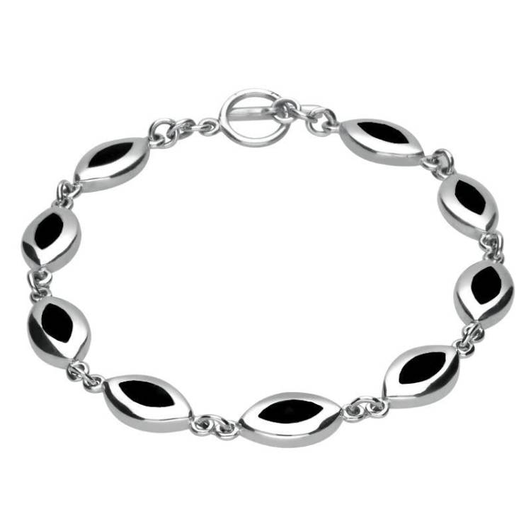 Sterling Silver Whitby Jet Framed Marquise Bracelet - Silver