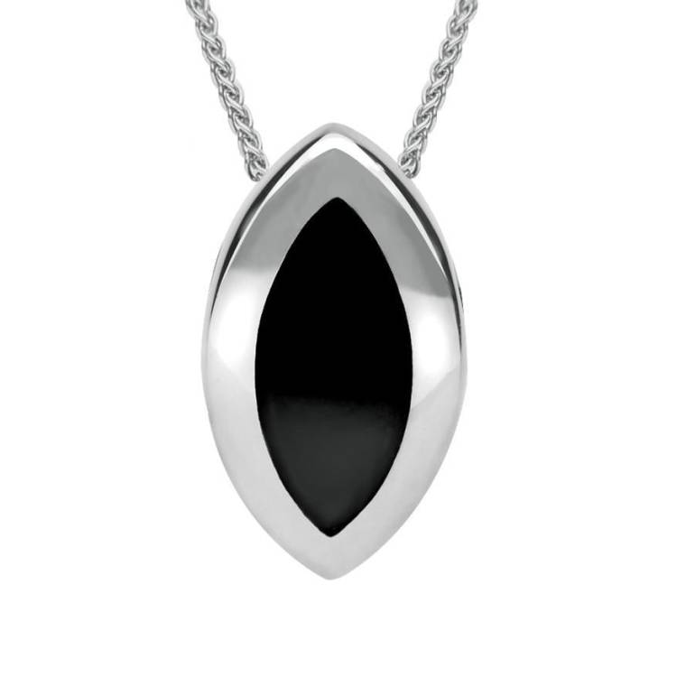 Sterling Silver Whitby Jet Framed Marquise Necklace - Silver