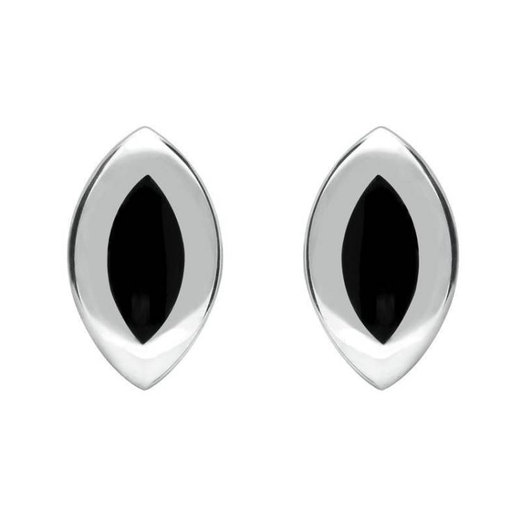 Sterling Silver Whitby Jet Framed Marquise Stud Earrings - Silver