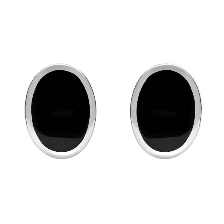 Sterling Silver Whitby Jet Framed Oval Stud Earrings - Silver