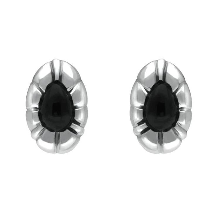 Sterling Silver Whitby Jet Framed Pear Stud Earrings - Silver