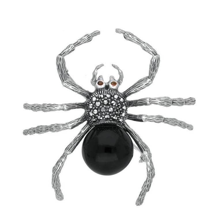 Sterling Silver Whitby Jet Marcasite and Garnet Spider Brooch - Silver