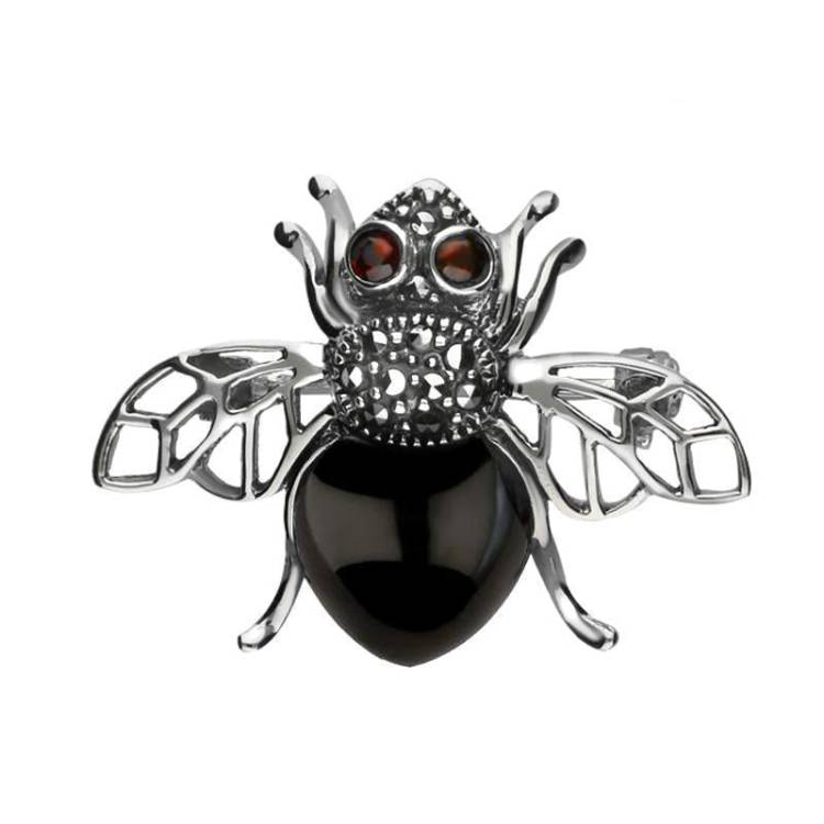 Sterling Silver Whitby Jet Marcasite Garnet Honey Bee Brooch - Silver