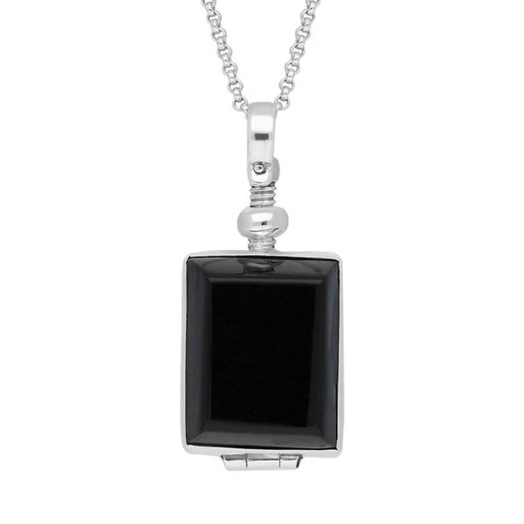 Sterling Silver Whitby Jet Glass Rectangular Locket - Silver