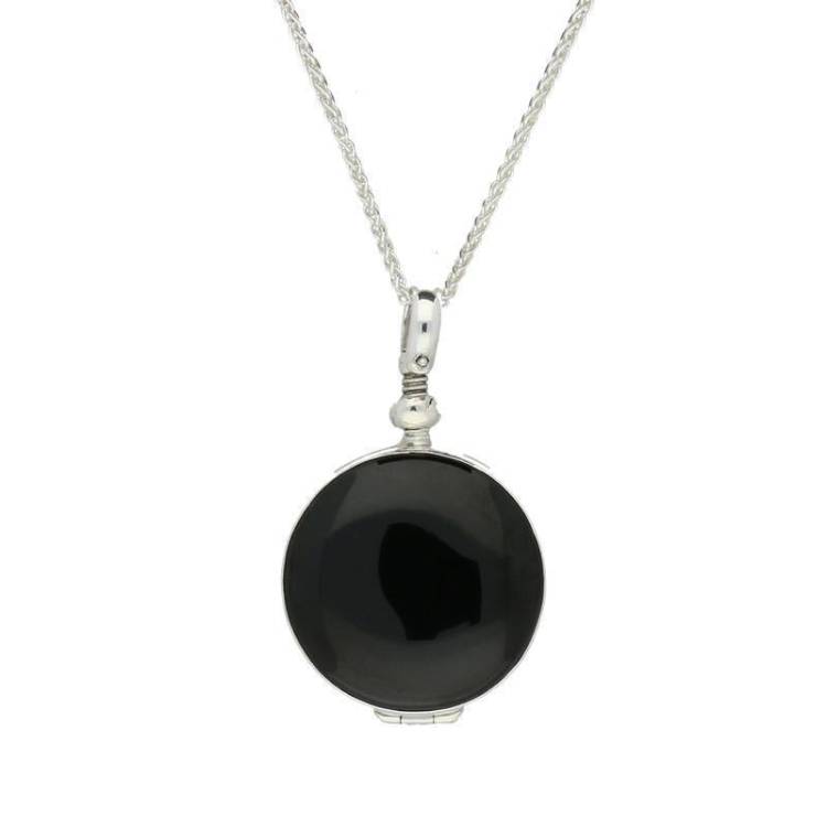 Sterling Silver Whitby Jet Glass Small Round Locket - Silver