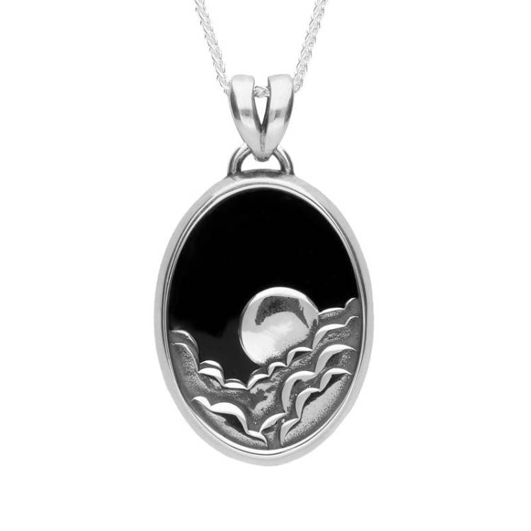 Sterling Silver Whitby Jet Gothic Oval Moon and Cloud Necklace - Option1 Value Silver