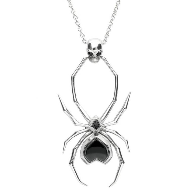 Sterling Silver Whitby Jet Gothic Spider Skull Necklace - Silver