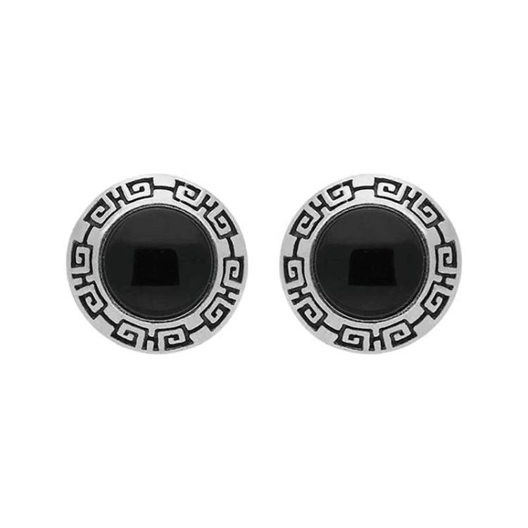 Sterling Silver Whitby Jet Greek Edge Stud Earrings - Silver