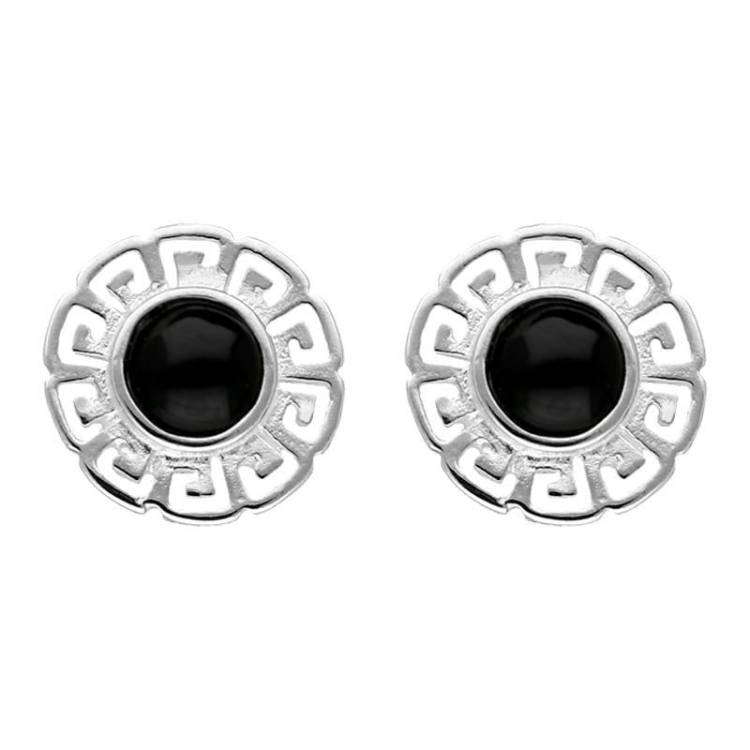 Sterling Silver Whitby Jet Greek Style Stud Earrings - Silver