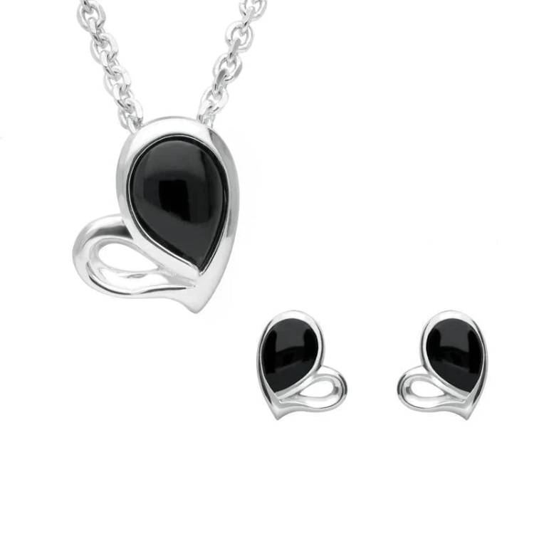 Sterling Silver Whitby Jet Half Filled Heart Two Piece Set - Silver