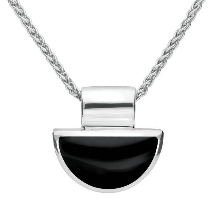 Sterling Silver Whitby Jet Half Moon Shape Necklace - Silver