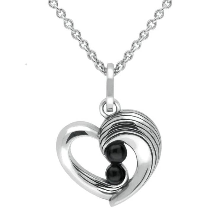 Sterling Silver Whitby Jet Half Ridge Heart Necklace - Silver