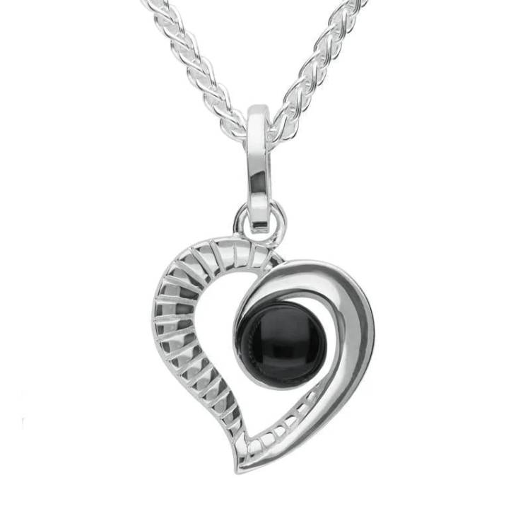Sterling Silver Whitby Jet Half Ridged Heart Necklace - Silver