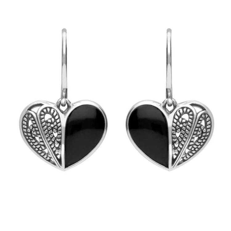 Sterling Silver Whitby Jet Half Stone Heart Hook Earrings - Silver