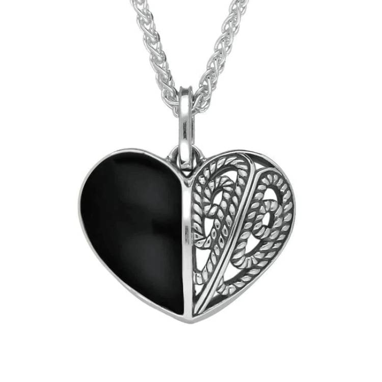 Sterling Silver Whitby Jet Half Stone Oxidised Heart Necklace - Silver