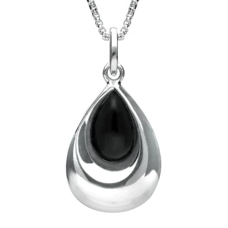 Sterling Silver Whitby Jet Half Stone Tear Drop Necklace - Silver