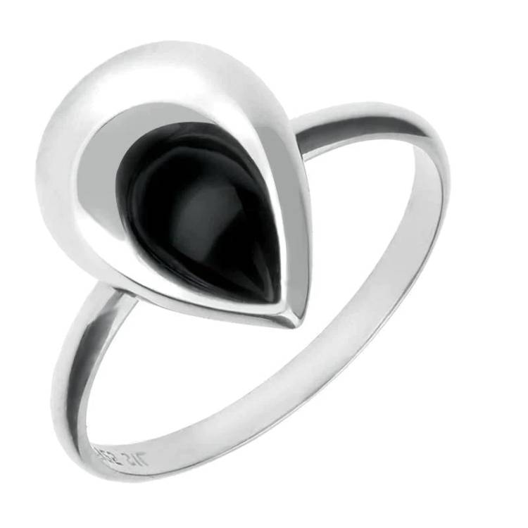 Sterling Silver Whitby Jet Half Stone Tear Drop Ring - Silver