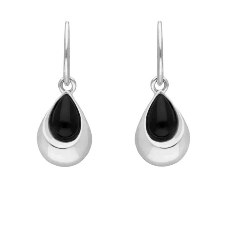 Sterling Silver Whitby Jet Half Stone Teardrop Earrings - Option1 Value Silver