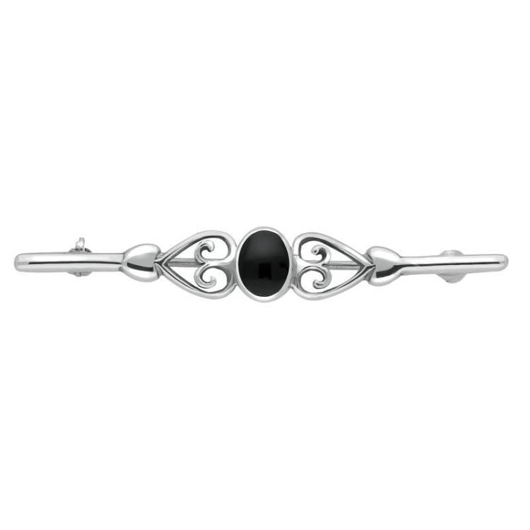 Sterling Silver Whitby Jet Heart Bar Brooch - Silver