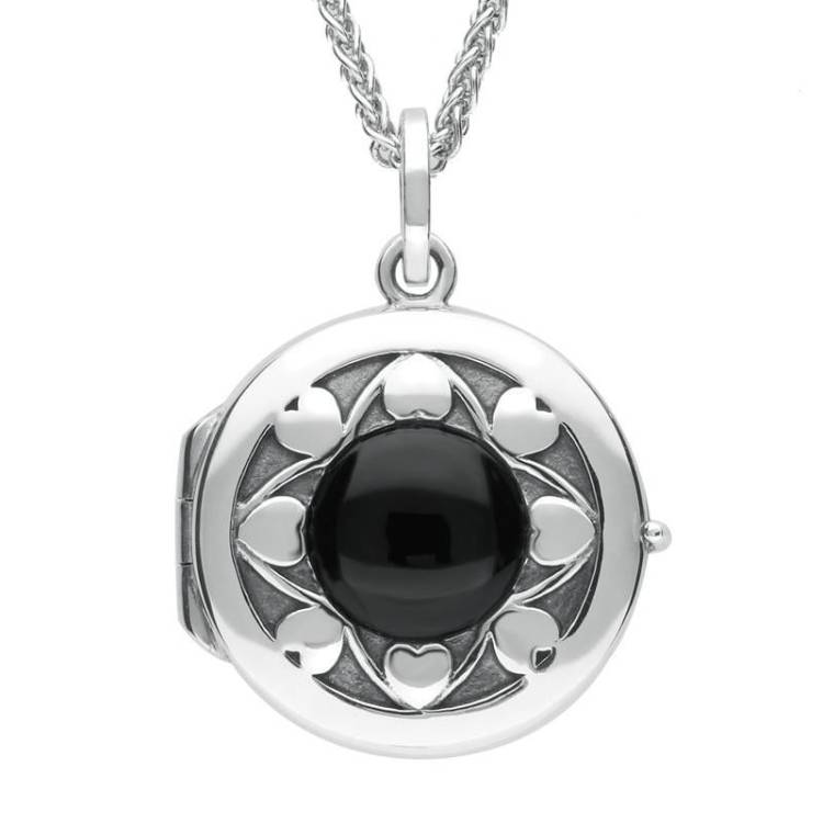 Sterling Silver Whitby Jet Heart Edge Circular Locket - Silver