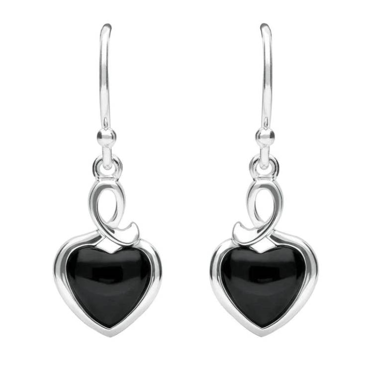 Sterling Silver Whitby Jet Heart Loop Hook Earrings - Silver