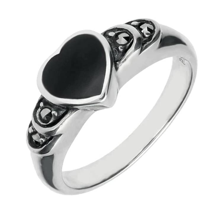 Sterling Silver Whitby Jet Heart Marcasite Shoulder Ring - Silver