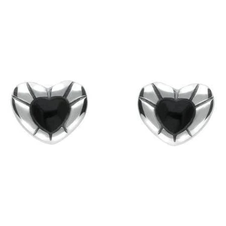 Sterling Silver Whitby Jet Heart Stud Earrings - Option1 Value Silver